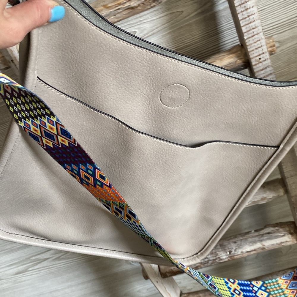 Light Gray Leather Purse with Adjustable Colorful Strap
